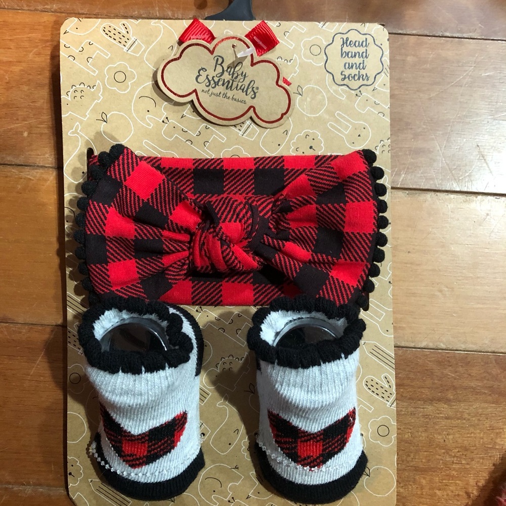 Baby Essentials Baby Buffalo Plaid Heart Headband and Socks